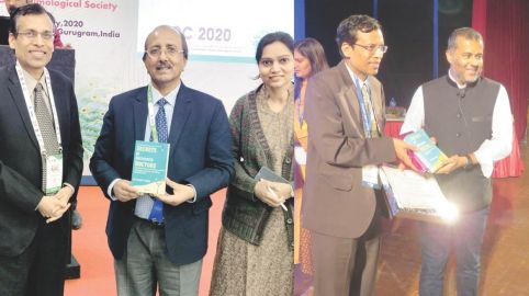 Dr. Suresh K. Pandey presented the book Secrets of Successful Doctors to his mentor Padma Shri Prof. Jagat Ram (Director, PGIMER, Chandigarh) during the AIOS conference at Gurgaon (right). Dr Suresh K Pandey also presented the book to famous author Shri Chetan Bhagat during the RAJMEDICON conference held at Jaipur (left).