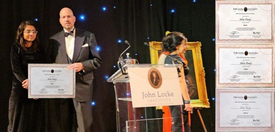 A proud moment-receiving the Certificate of Merit in Politics, History, and Philosophy from Mr. Martin Cox, Director General, at the John Locke Global Essay Award Ceremony held in London, United Kingdom.