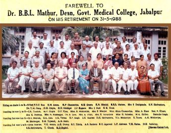The group photograph was taken in 1988 on the occasion of the retirement of Professor B.B.L. Mathur (dean and head of the Department of Physiology, Medical College, Jabalpur). Respected teachers from various departments are present in this photograph.
